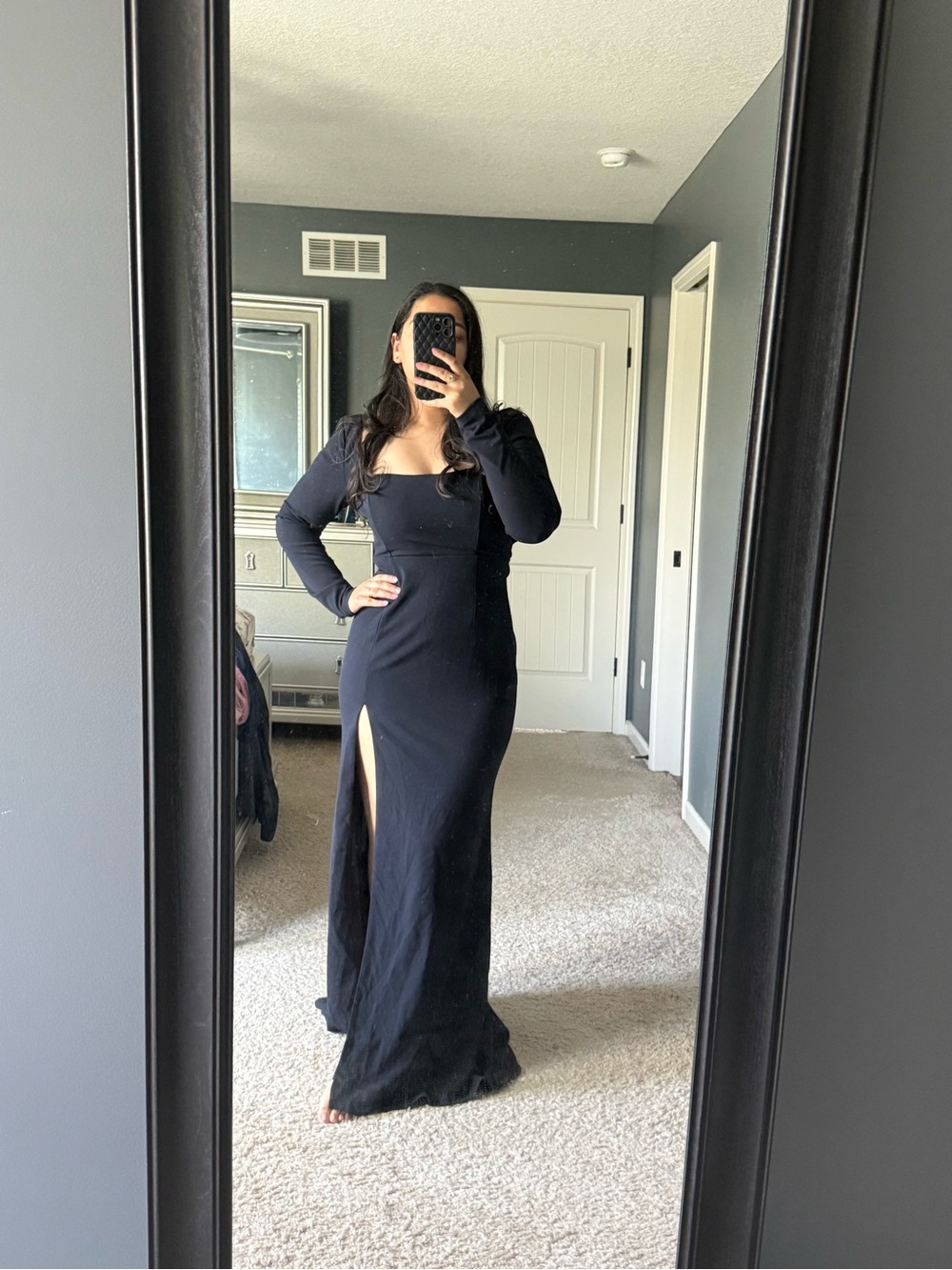Lulu's Black Long Sleeve Square Neck Gown with High Slit